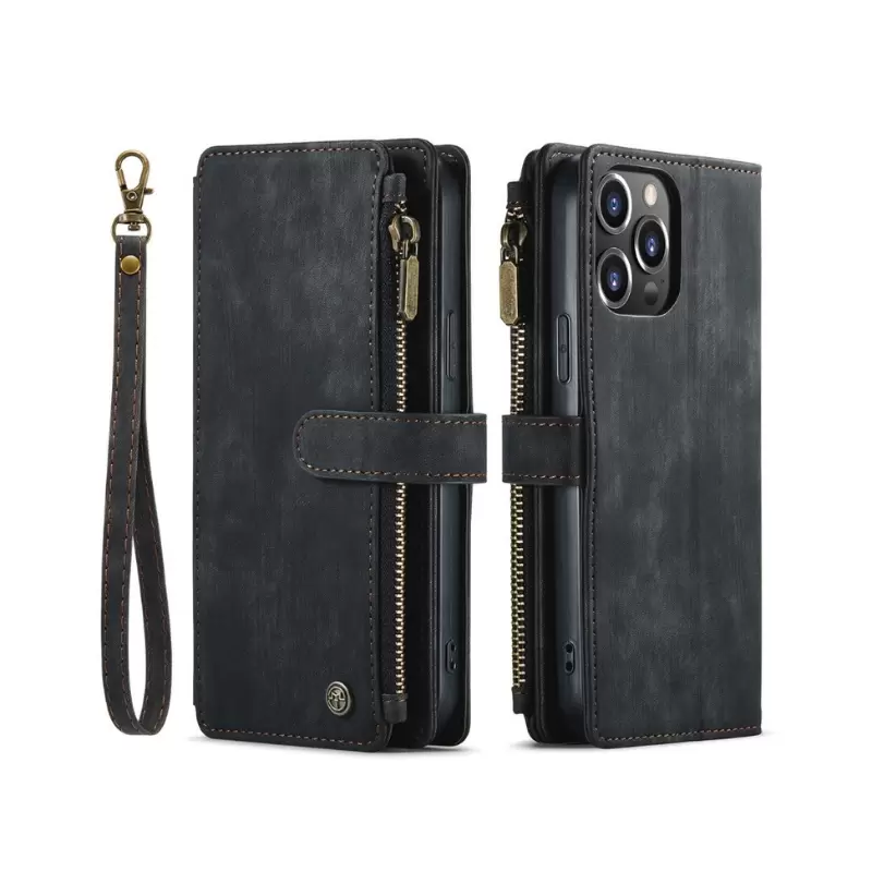 iPhone 15 Plus/iPhone 14 Plus Luxury Wallet with Zipper Case Black